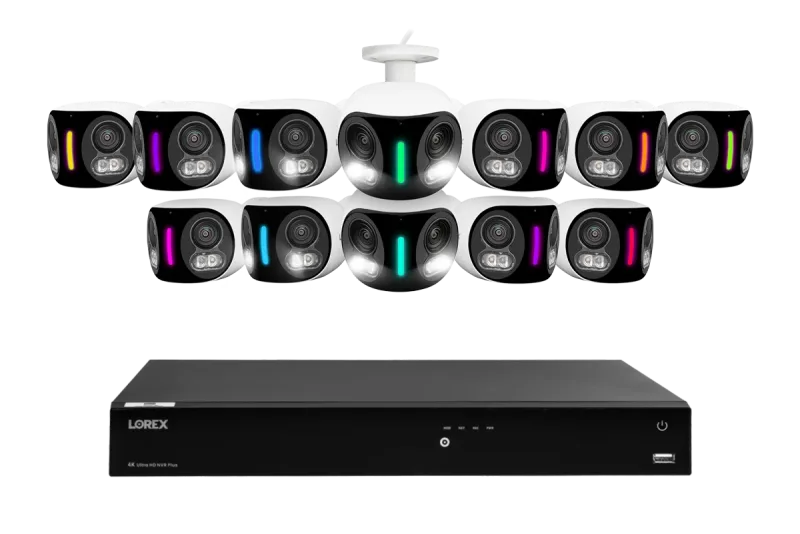 Lorex Fusion Series 4K-system för upp till 16 kameror (kabelansluten eller Fusion Wi-Fi) med 4TB kabelansluten NVR och H20 IP-kameror med dubbla linser