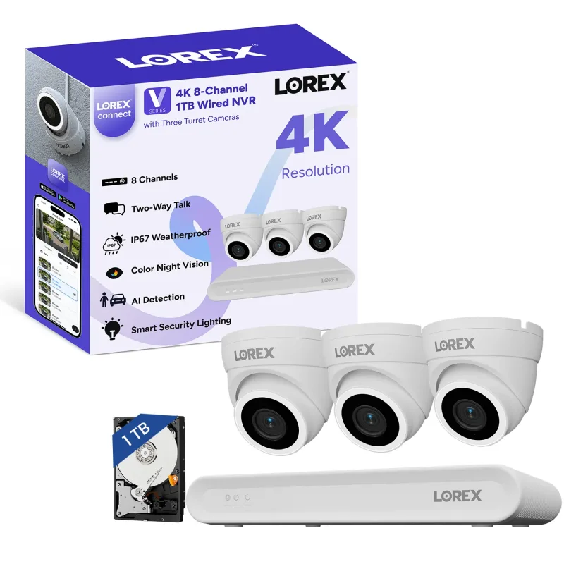 Lorex Connect (New App) | V-Series | 8Ch 4K NVR System | 3 White IP PoE Cameras