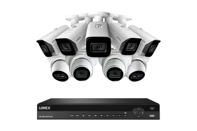 Sistema NVR cablato Lorex 4K 4TB con cinque telecamere Nocturnal 3 Bullet e quattro telecamere Nocturnal 3 Turret
