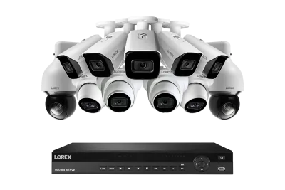 Lorex 4K 4TB trådbundet NVR-system med fem Nocturnal 3 bullet-kameror, fyra Nocturnal 3 turret-kameror och två 4K pan-tilt-zoom-kameror