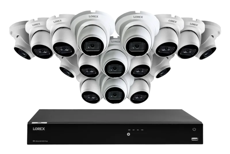 Lorex Fusion 시리즈 4K 16 카메라 지원(유선 또는 Fusion Wi-Fi) 4TB 유선 NVR 시스템 + A14 IP Turret 카메라