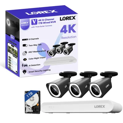 Lorex Connect (uusi sovellus) | V-sarja | 8Ch 4K NVR -järjestelmä | 3 mustaa IP PoE -kameraa