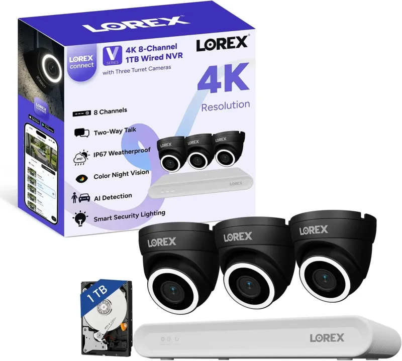 Lorex Connect (uusi sovellus) | V-sarja | 8Ch 4K NVR -järjestelmä | 3 mustaa IP PoE -kameraa