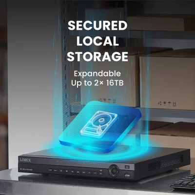 Sistema NVR cablato Lorex 4K 4TB con cinque telecamere Nocturnal 3 Bullet e quattro telecamere Nocturnal 3 Turret