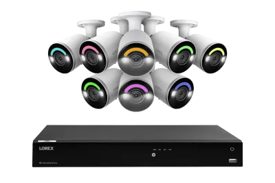 Lorex Fusion 4K (16 Camera Capable) 4TB Wired NVR System with Eight Bullet Camera Featuring Smart Security Lighting and 2-Way Audio