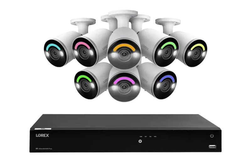 Lorex Fusion 4K (16 Camera Capable) 4TB Wired NVR System with Eight Bullet Camera Featuring Smart Security Lighting and 2-Way Audio