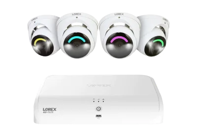 Sistema NVR cablato Lorex 4K Fusion 2TB con quattro telecamere di sicurezza smart IP turret 4K con illuminazione