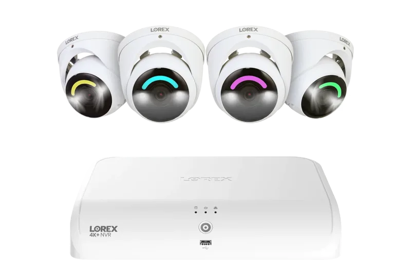 Sistema NVR cablato Lorex 4K Fusion 2TB con quattro telecamere di sicurezza smart IP turret 4K con illuminazione