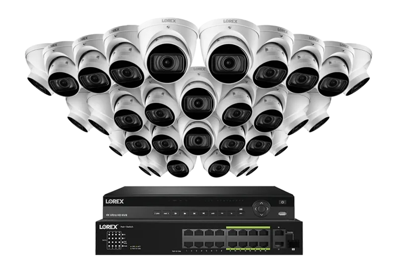 Lorex Sistem NVR Kabel 4K (Berkapasitas 32 Kamera) 6TB dengan Tiga Kamera Turret IP Nocturnal 3 Berfitur Lensa Varifocal Motorized dan Perekaman 30FPS