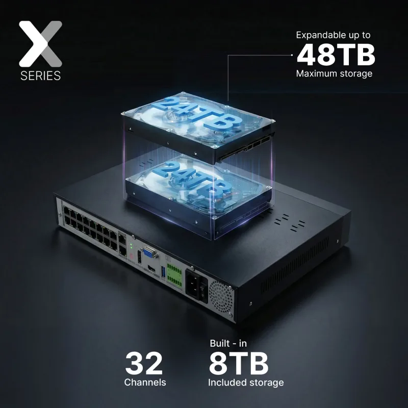 Lorex Connect X Series 4K 32-kanals kablet NVR-system med X3-tårnsikkerhedskameraer - 8TB