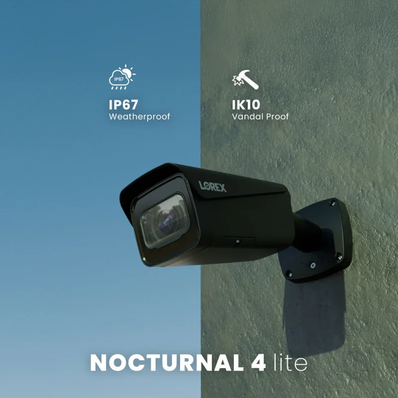 Nocturnal Series N4 Lite 4K IP trådbunden bullet-säkerhetskamera med motoriserad varifokal lins, realtidsinspelning i 30FPS och IK10 vandalsäker