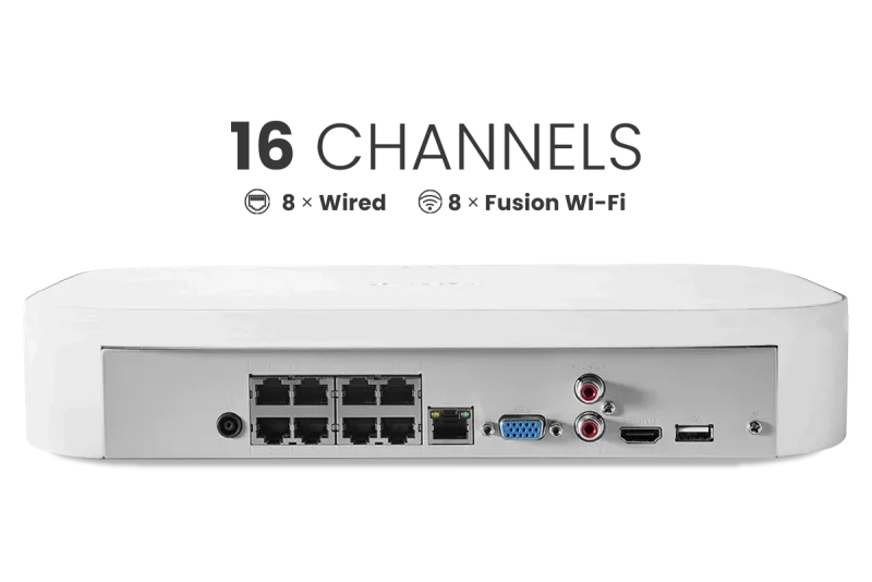 Lorex Fusion 4K 16 Camera Capable (8 Wired + 8 Fusion Wi-Fi) 2TB Wired NVR System with 4 Bullet Cameras Featuring Smart Security Lighting