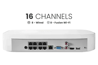 Lorex 4K 16-kamera kapacitet (8 kablede + 8 Fusion Wi-Fi) 2TB NVR-system med 6 bulletkameraer