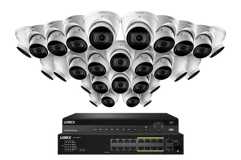 Lorex Sistem NVR Kabel 4K (Berkapasitas 32 Kamera) 6TB dengan Tiga Kamera Turret IP Nocturnal 3 Berfitur Lensa Varifocal Motorized dan Perekaman 30FPS