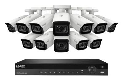 Sistema NVR con cable Lorex 4K (compatible con 16 cámaras) de 6TB con 3 cámaras IP tipo bala inteligentes Nocturnal con objetivo varifocal motorizado