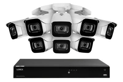 Lorex Fusion 4K(최대 16대 카메라 지원) 4TB 유선 NVR 시스템 및 IP 총알형 카메라 8대