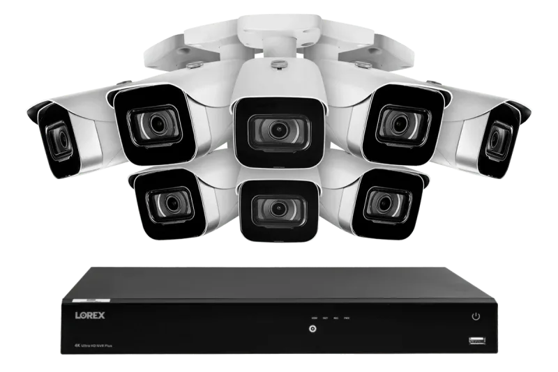 Lorex Fusion 4K(최대 16대 카메라 지원) 4TB 유선 NVR 시스템 및 IP 총알형 카메라 8대
