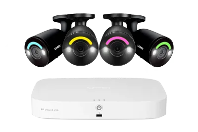 Sistema NVR cablato Lorex Fusion 4K con capacità di 16 telecamere (8 cablate + 8 Fusion Wi-Fi) e 2TB, con 4 telecamere bullet dotate di illuminazione di sicurezza intelligente