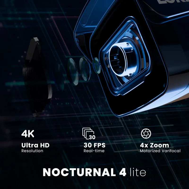 Caméra de sécurité filaire IP bullet 4K Nocturnal Series N4 Lite avec objectif varifocal motorisé, enregistrement en temps réel à 30 FPS et protection anti-vandalisme IK10