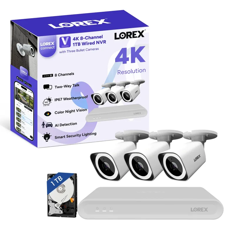 Lorex Connect (uusi sovellus) | V-sarja | 8Ch 4K NVR -järjestelmä | 3 mustaa IP PoE -kameraa