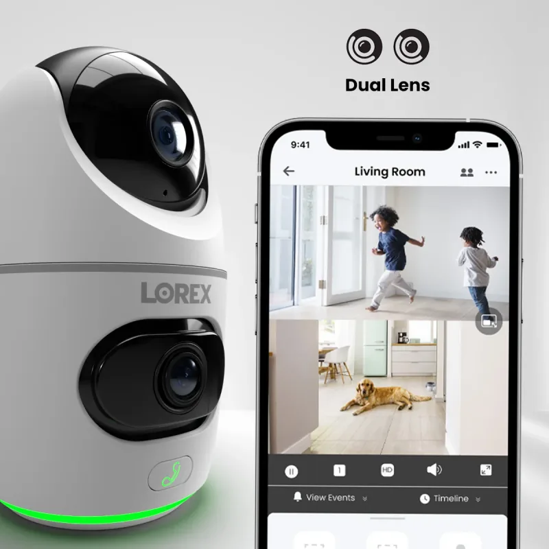 Lorex 2K 듀얼 렌즈 실내 팬틸트 Wi-Fi 보안 카메라(32GB)